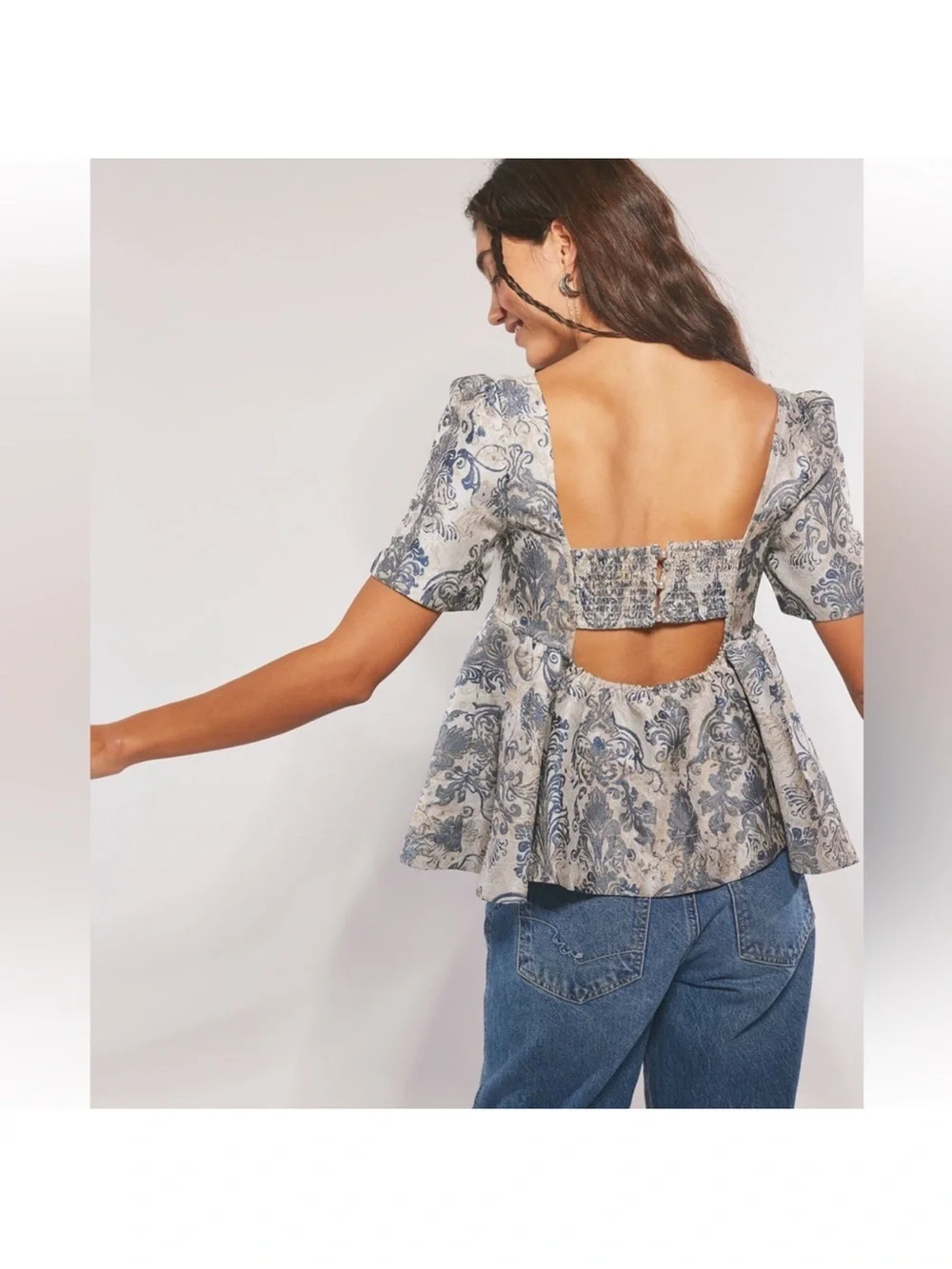 NWT Free People Eloise Blue Floral Peplum Puff Sleeve Boho Top (Size XS)